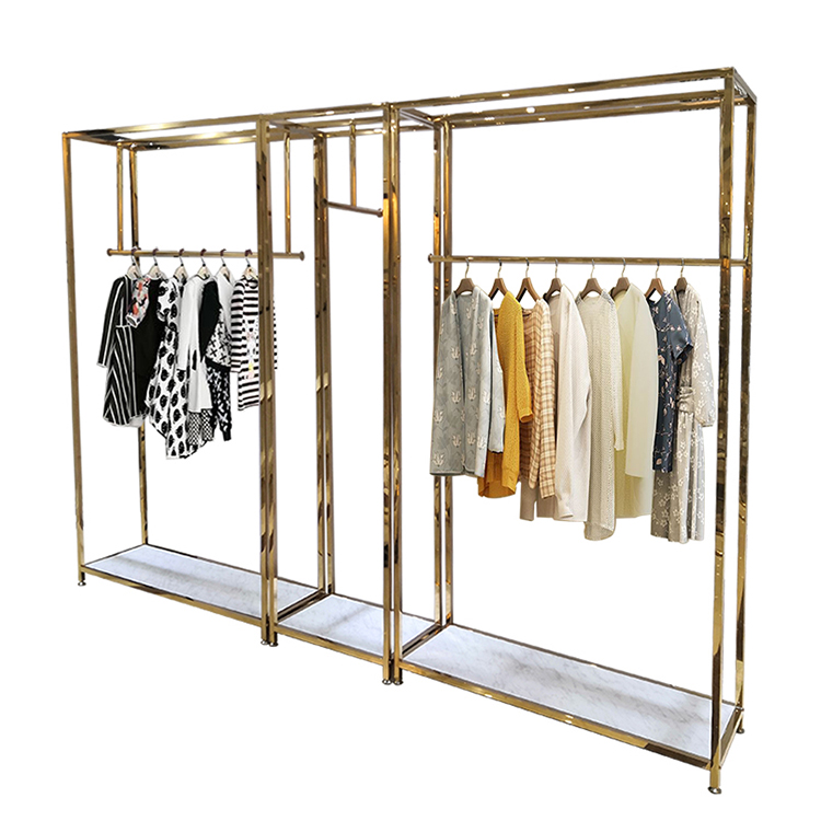 Retail Store Fixture Hanging Clothes Custom Shop Design Metal Gold Clothing Dress Display Rack