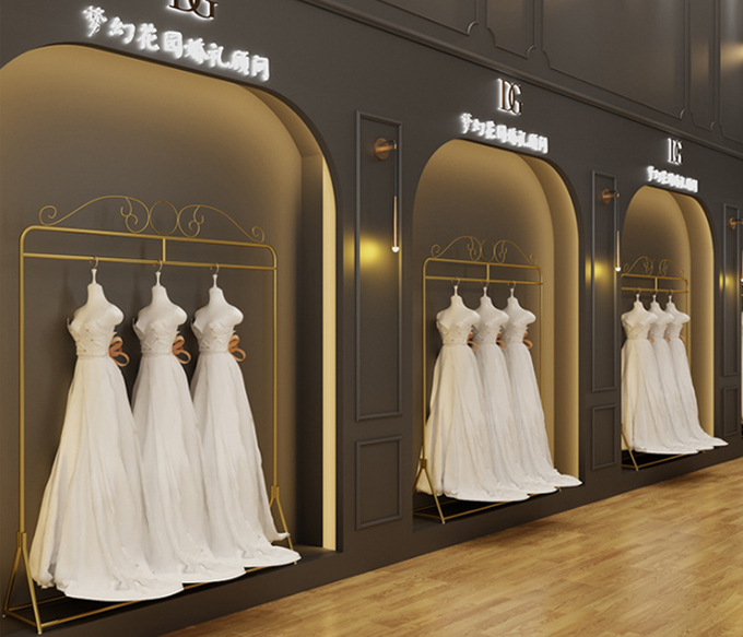 High Quality Gold Black Iron Floor Display Stand for Hanging Bridal Wedding Supplies Dress Showroom Hanger Rack