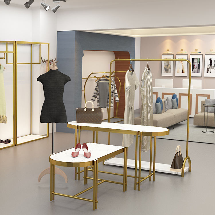 Modern Hanging Garment Display Rack Golden Clothing Display Stand For Shop